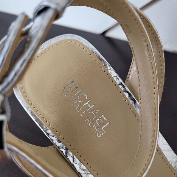NEW Michael Kors Carrie Sandal Women's 6.5M Silver Metallic Leather Heels - Picture 8 of 13
